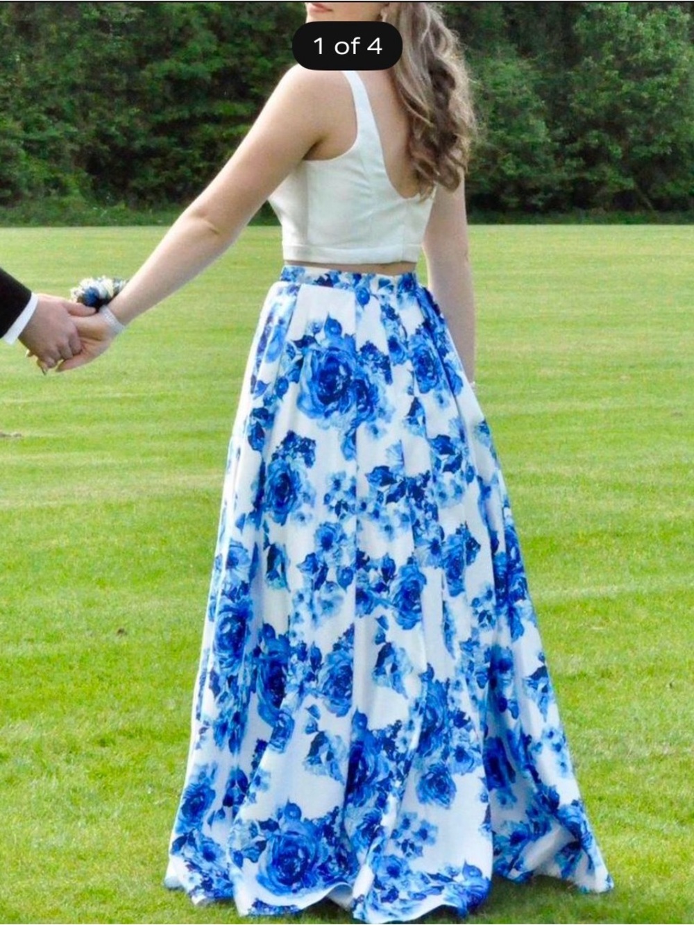 JVN by Jovani White Maxi Skirt with Blue Floral Print